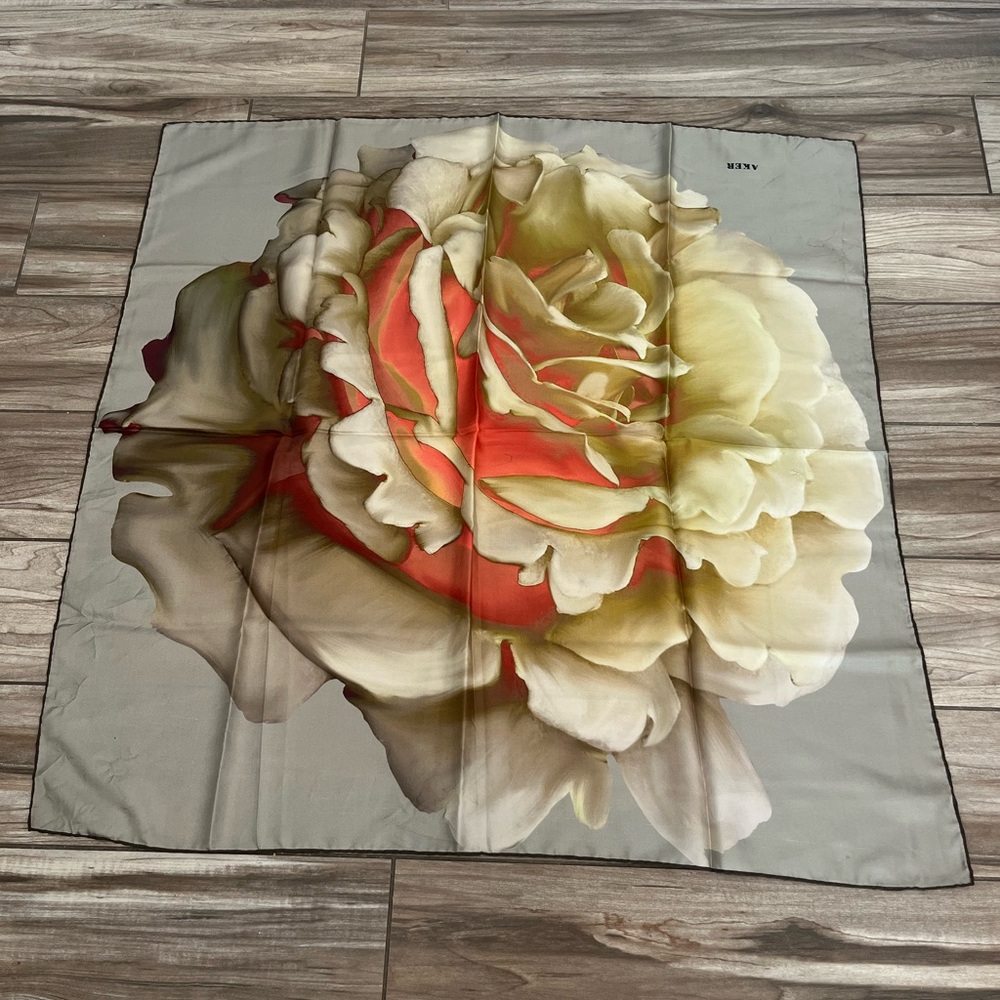 Floral women’s Silk Scarf with green and  Coral Rose